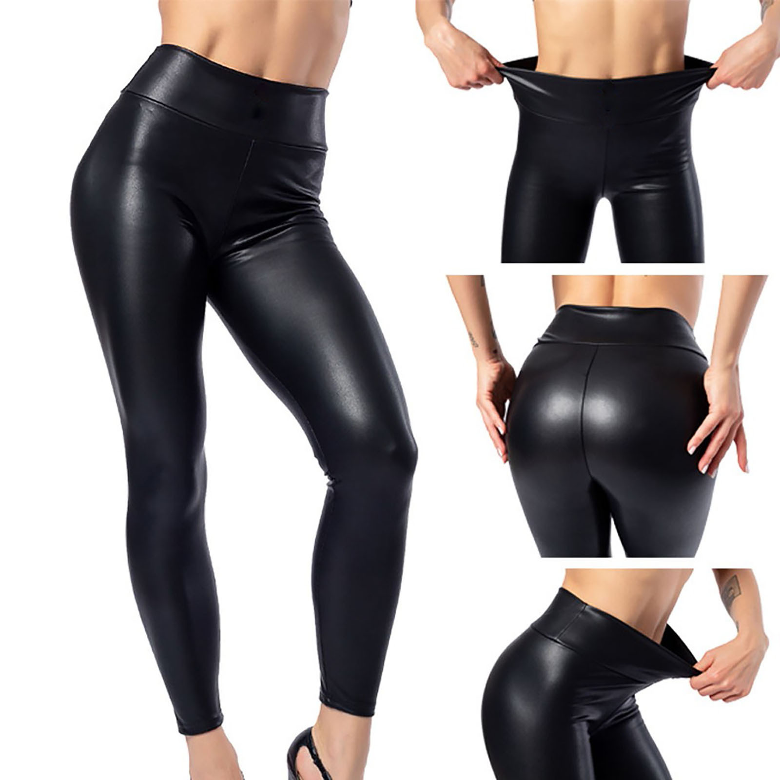 thumbnail image 2 of Leggings de cuero de cintura alta para mujer - Pantalones disco brillantes con efecto mojado, material PU, 2 of 8